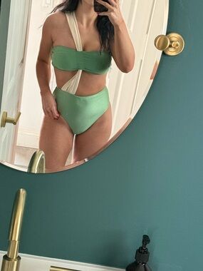 Wet swim Green & Cream Twist One-Shoulder Cutout Cassidy one piece Bathing suit